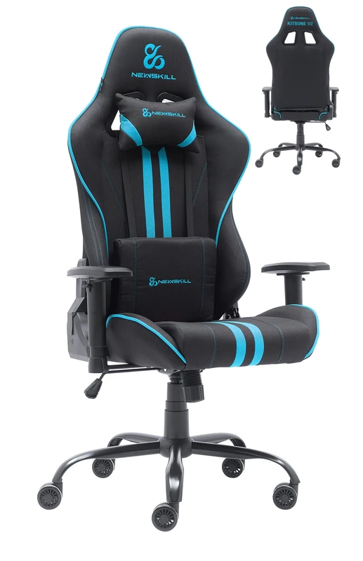 NEWSKILL Kitsune V2, Breathable Fabric Gaming Chair, Lumbar and Cervical Cushions Included, 180 Recliner, Supports up to 300 lbs, Blue