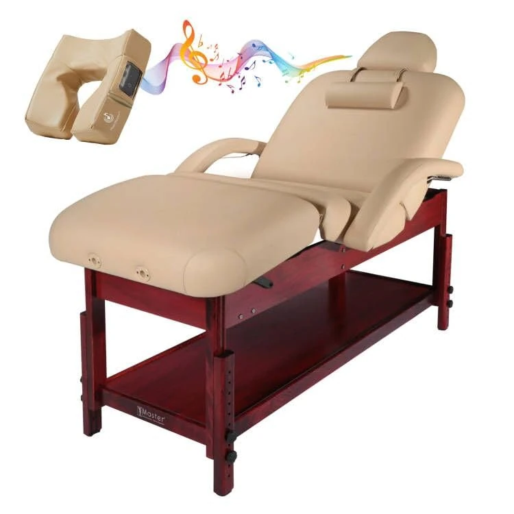 Master Massage 76cm Claudia Stationary Massage Table W/Bluetooth Ergonomic Music Face Cushion Spa Couch Salon Table Beauty Bed with Pneumatic Tilting Backrest and Leg Rest, MC Cream