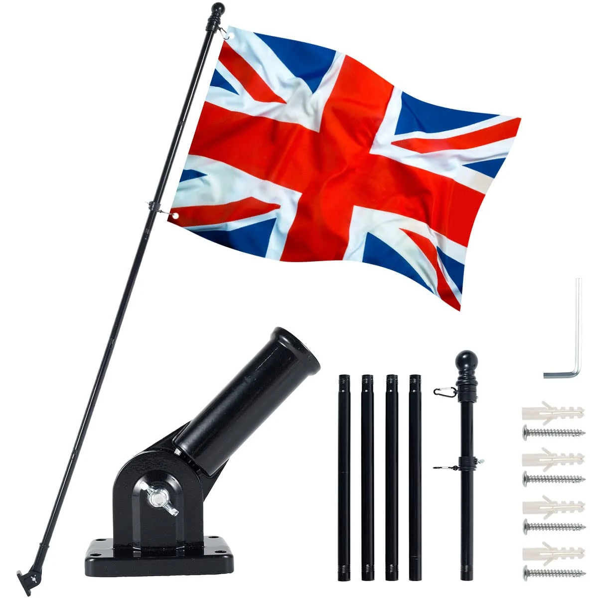 Flag Pole Kit 6FT Wall Mounted Flagpole Kit with Mounting Bracket Stainless Steel Black Flag and Pole Set for House Garden Yard Outdoor Fence (No flag)