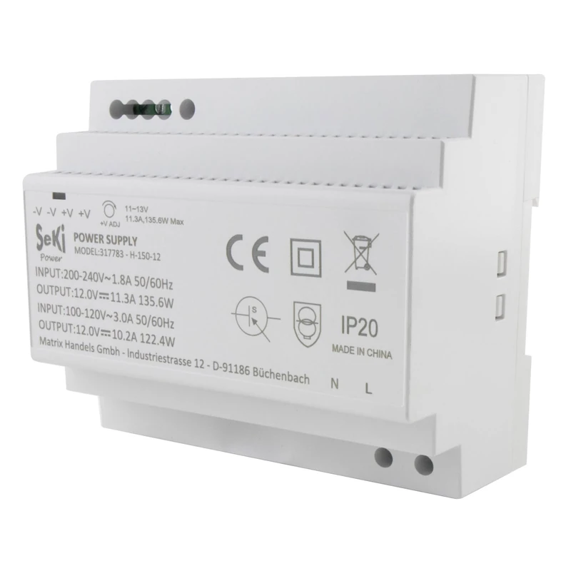 SeKi 12V 11.3A 135W DIN Rail Power Supply/Transformer - CE Certified - Rail Mount - 58mm Depth/Width