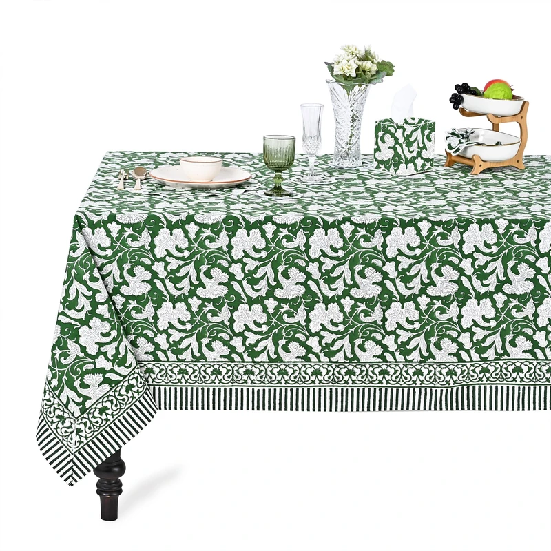 Ridhi Pantone Artichoke Hand Block Print Cotton Rectangle Tablecloth 160" x 72" inches Reusable Table Cover Decorative Everyday Use for Dining Room, Farmhouse, Home Gift for Spring, Mother's Day