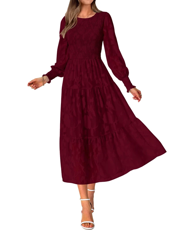 BTFBM Casual Women's 2025 Fall Dresses Elegant Wedding Guest Dress Long Sleeve Floral Midi Dress Flowy Bohemian Long Dress, Wine Red, L