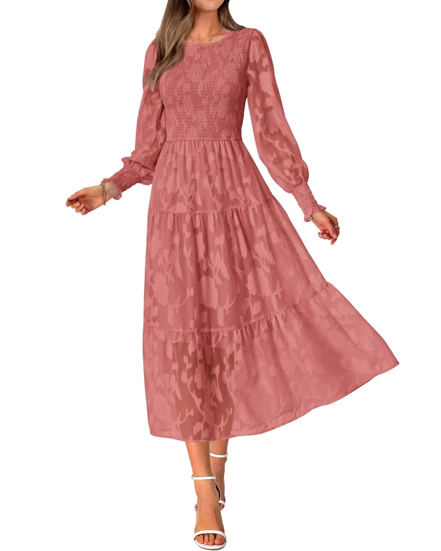 BTFBM Wedding Guest Dresses for Women Fall Fashion 2025 Casual Long Sleeve Floral Maxi Boho Homecoming Dress, Dark Pink, M