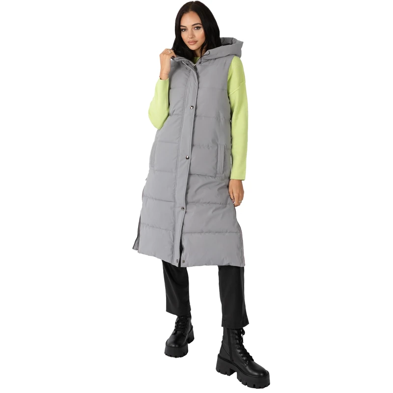 Lovedrobe Women's Gilet Ladies Hooded Body Warmer Sleeveless Jacket Quilted Winter Coat Padded Longline Side Pockets Outerwear, Silver Grey, 10