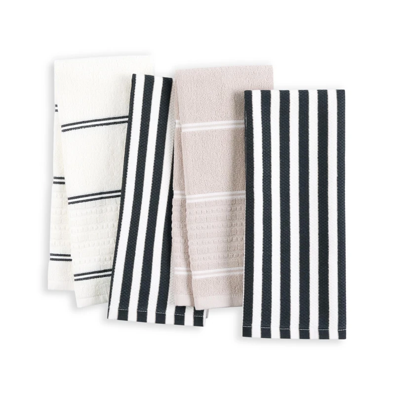 Kate Spade New York Botanical Stripe Kitchen Towels 4-Pack Set, Absorbent 100% Cotton, Black/Beige, 17"x28"