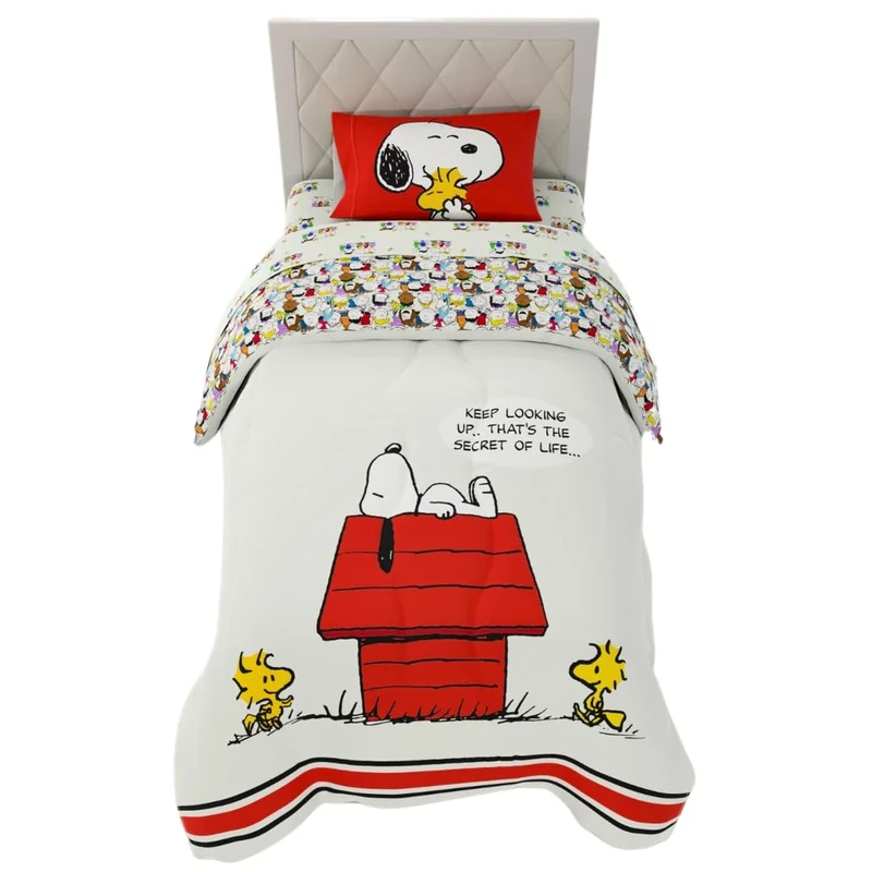 Franco Comforter and Sheet Set, Microfiber, Red-Peanuts-Snoopy, 4 Piece Twin Size