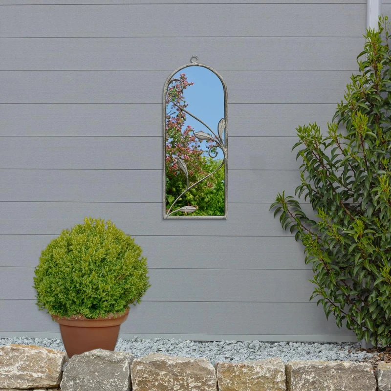 MirrorOutlet The Arcus - Concrete Colour Framed Modern Arched Garden Wall Mirror 25" X 9" (64CM X 24CM) Silver Mirror Glass with Black All weather Backing.