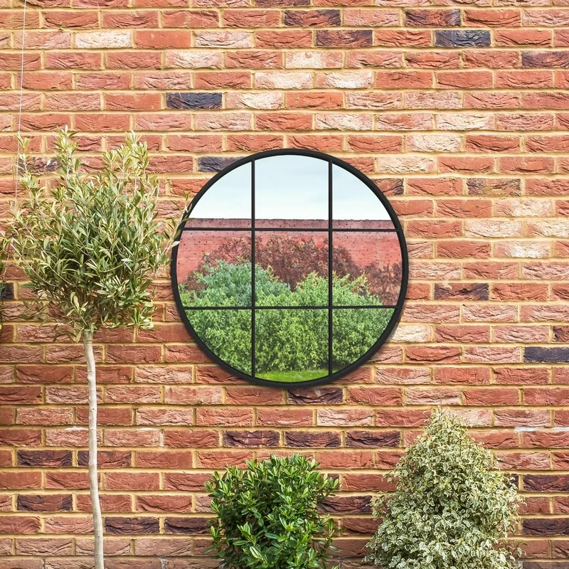 MirrorOutlet The Circulus - Solid Black Metal Framed Window Modern Round Circular Garden Wall Mirror 31" X 31" (80CM X 80CM) Silver Mirror Glass with Black All weather Backing.