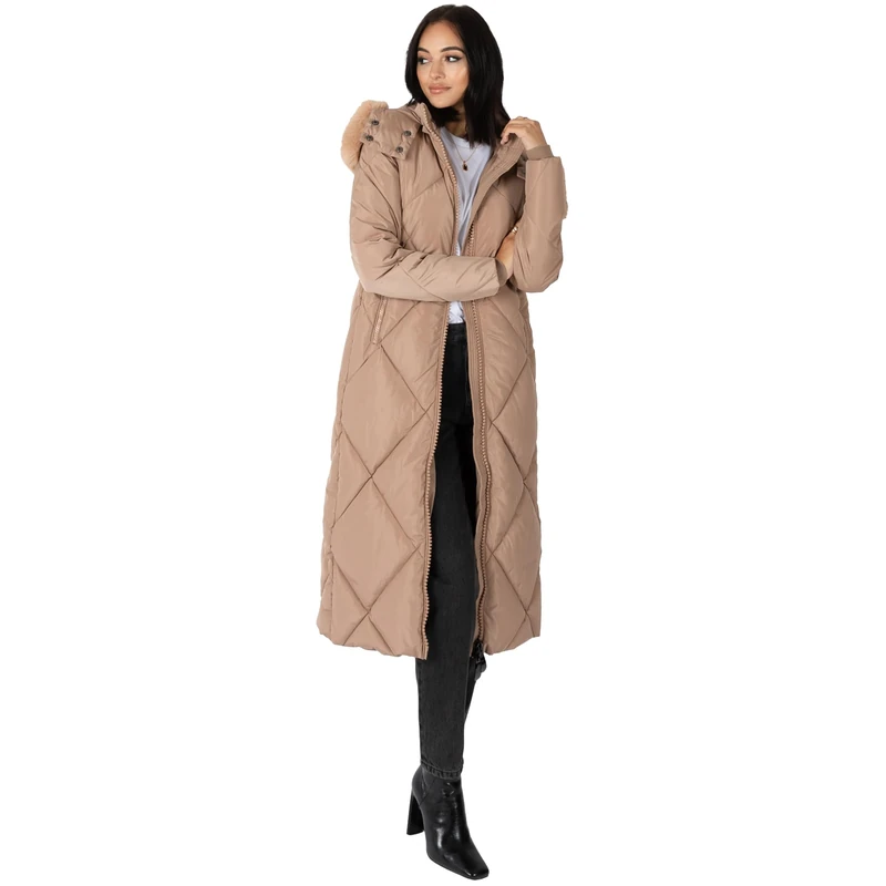 Lovedrobe Women's Winter Jacket Ladies Coat Puffer Removable Faux Fur Hood Pockets Quilted Padded Longline Puffa Outerwear, Mink, 12