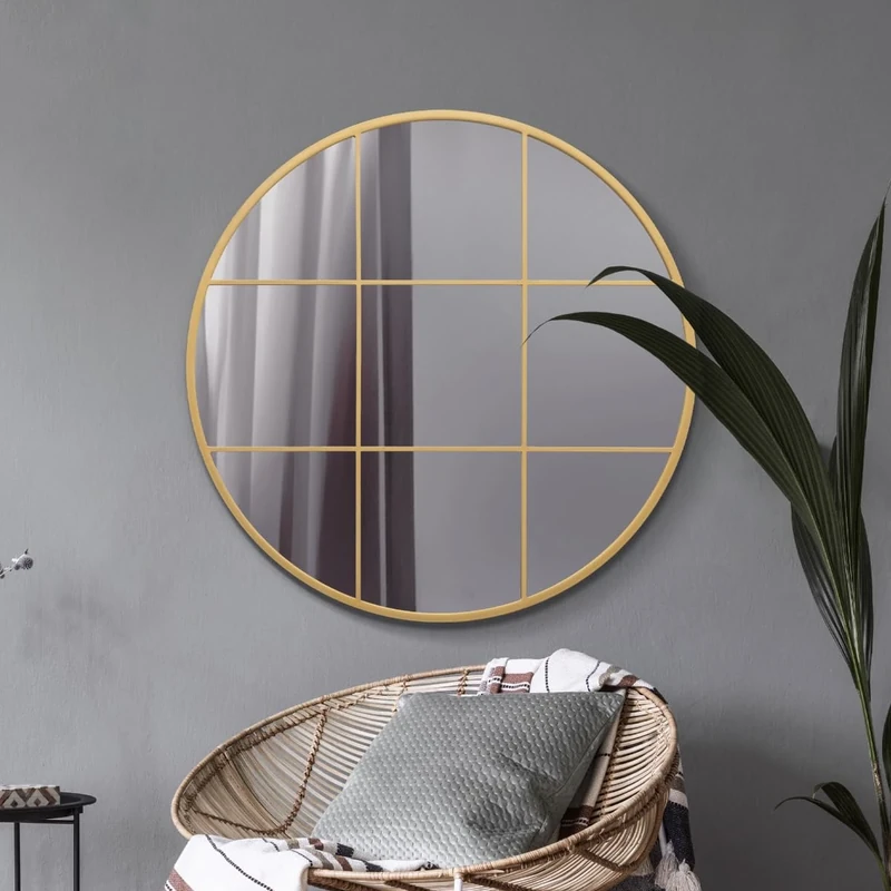 MirrorOutlet The Circulus - Solid Gold Metal Framed Window Modern Round Circular Wall Mirror 39" X 39" (100CM X 100CM) Silver Mirror Glass with Black All weather Backing.