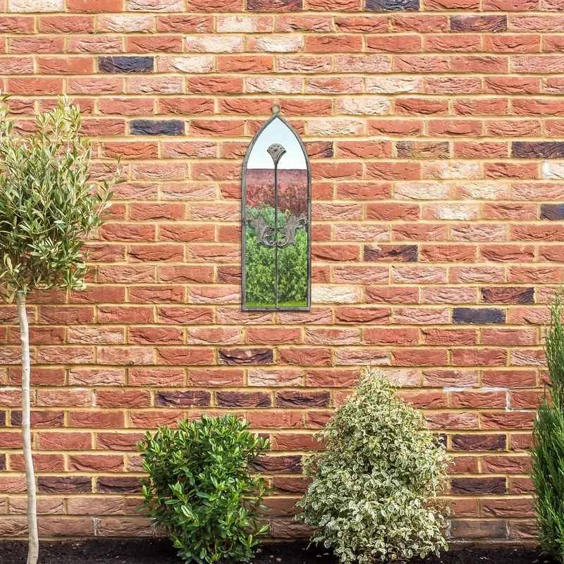 MirrorOutlet The Arcus - Concrete Colour Framed Modern Arched Garden Wall Mirror 24" X 8" (60CM X 20CM) Silver Mirror Glass with Black All weather Backing.