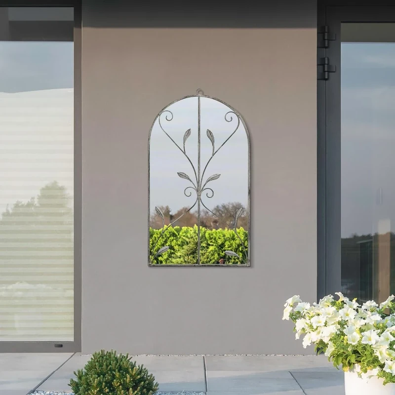 MirrorOutlet The Arcus - Concrete Colour Framed Modern Arched Garden Wall Mirror 31" X 18" (80CM X 46CM) Silver Mirror Glass with Black All weather Backing.