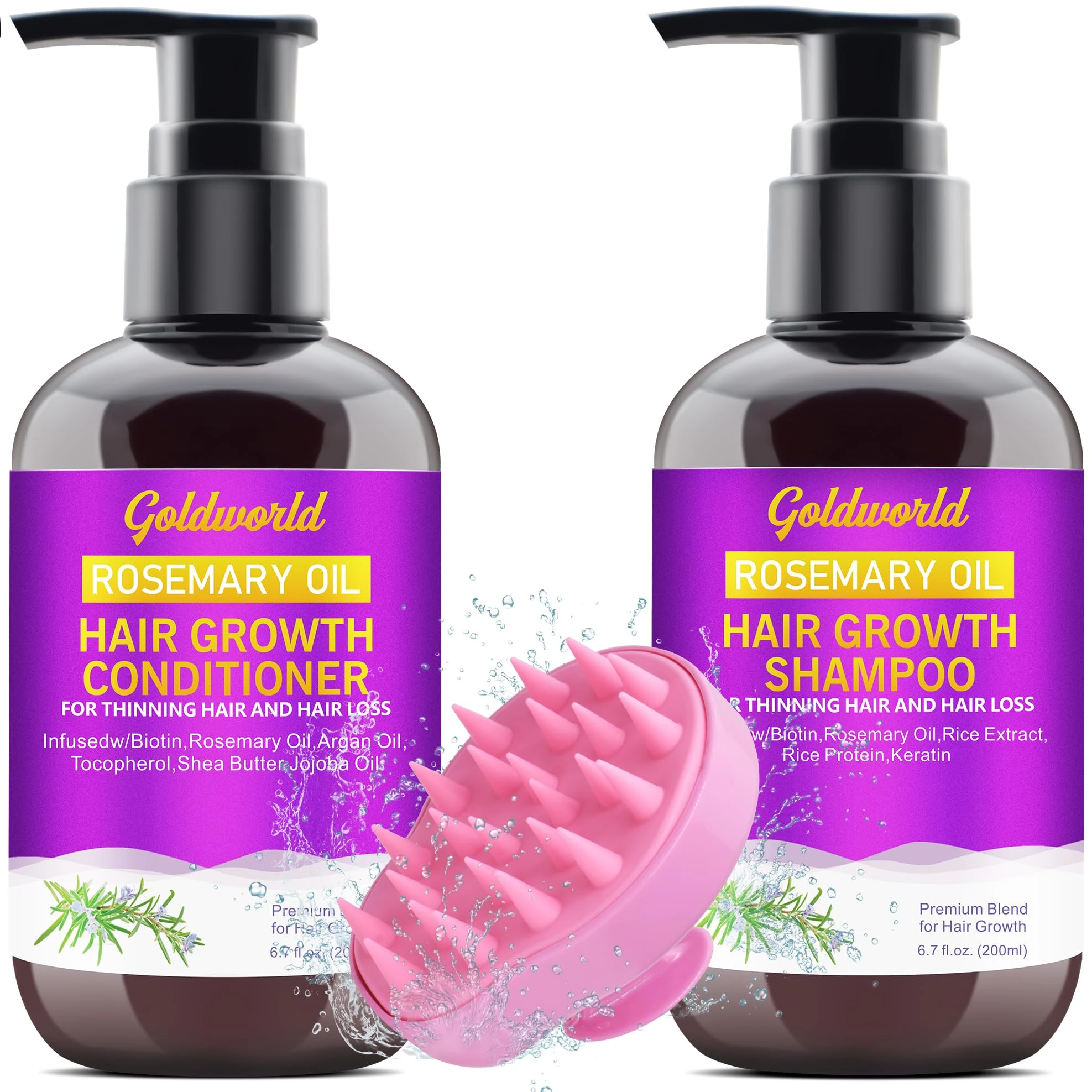 Sulphate Free Rosemary Oil Biotin Shampoo w/Scalp Massager & Argan Castor Oil Keratin Rice Water Conditioner Sets for Women's Hair Growth & Thickening - 2 in 1 Set