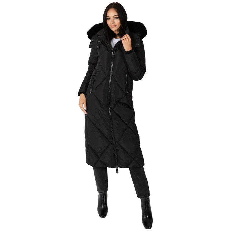 Lovedrobe Women's Winter Jacket Ladies Coat Puffer Removable Faux Fur Hood Pockets Quilted Padded Longline Puffa Outerwear, Black, 26