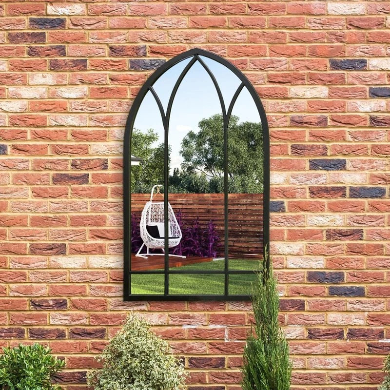 MirrorOutlet The Arcus - Black Metal Framed Modern Arched Garden Wall Mirror 32" X 19" (83CM X 48CM) Black. 2cm Wide Frame and 3cm Deep.