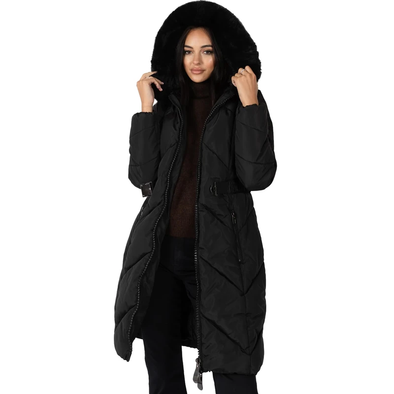 Lovedrobe Women's Winter Jacket Ladies Coat Quilted Padded Faux Fur Hood Belted Puffa Zip Front Pockets Puffer Outerwear, Black, 14