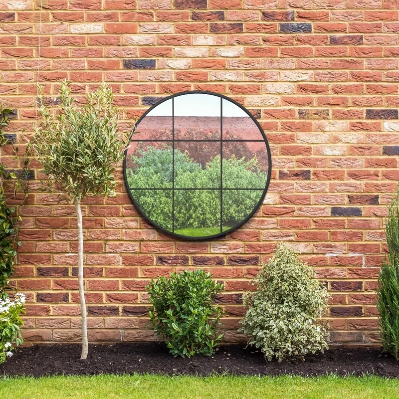 MirrorOutlet The Circulus - Solid Black Metal Framed Window Modern Round Circular Garden Wall Mirror 39" X 39" (100CM X 100CM) Silver Mirror Glass with Black All weather Backing.