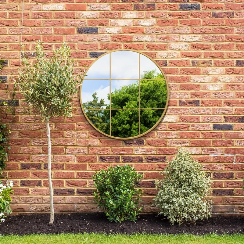 MirrorOutlet The Circulus - Solid Gold Metal Framed Window Modern Round Circular Garden Wall Mirror 31" X 31" (80CM X 80CM) Silver Mirror Glass with Black All weather Backing. - Image 1