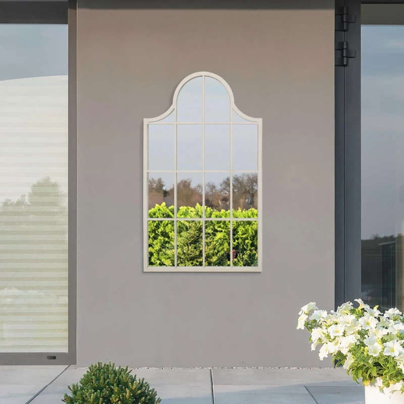 MirrorOutlet The Arcus - White Metal Framed Modern Arched Garden Wall Mirror 41" X 24" (104CM X 62CM) Black. 2cm Wide Frame and 3cm Deep.