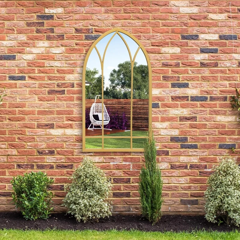 MirrorOutlet The Arcus - Gold Metal Framed Modern Arched Garden Wall Mirror 32" X 19" (83CM X 48CM) Black. 2cm Wide Frame and 3cm Deep.
