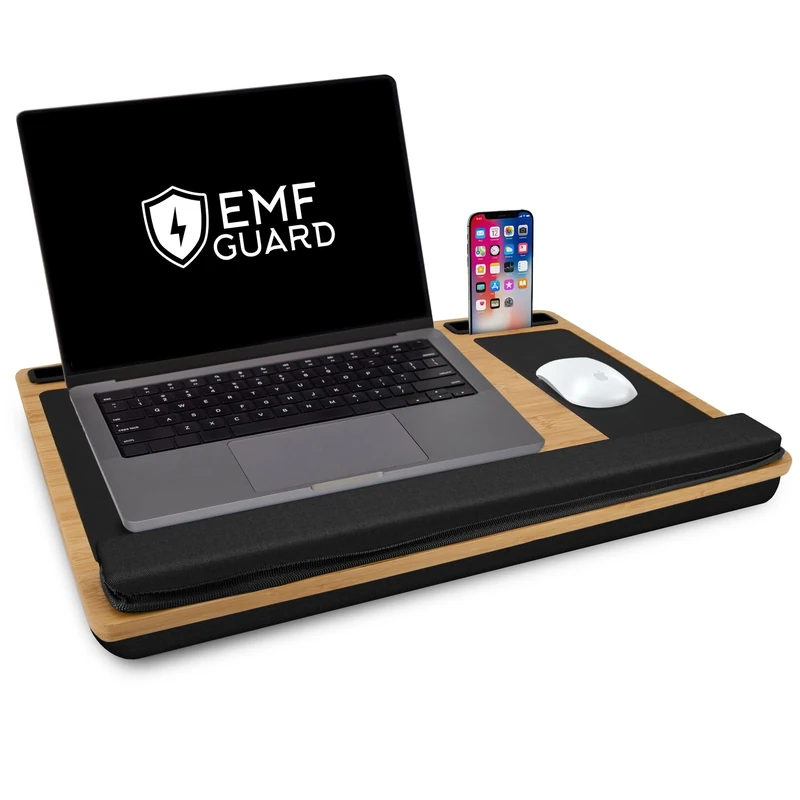 EMF Guard Lap Desk for Laptop with EMF Blocker Protection - Natural Bamboo Shields Heat, Left & Right Hand Mouse Pads, Trays for Tablet & Phone, Grounding Cable, Storage Pocket, Portable w/Handle