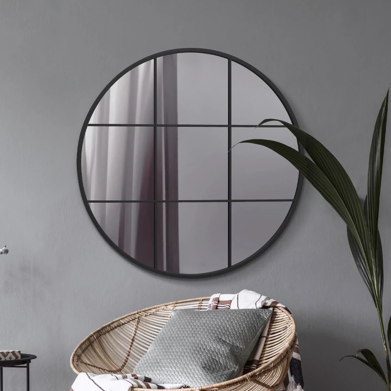 MirrorOutlet The Circulus - Solid Black Metal Framed Window Modern Round Circular Wall Mirror 39" X 39" (100CM X 100CM) Silver Mirror Glass with Black All weather Backing.