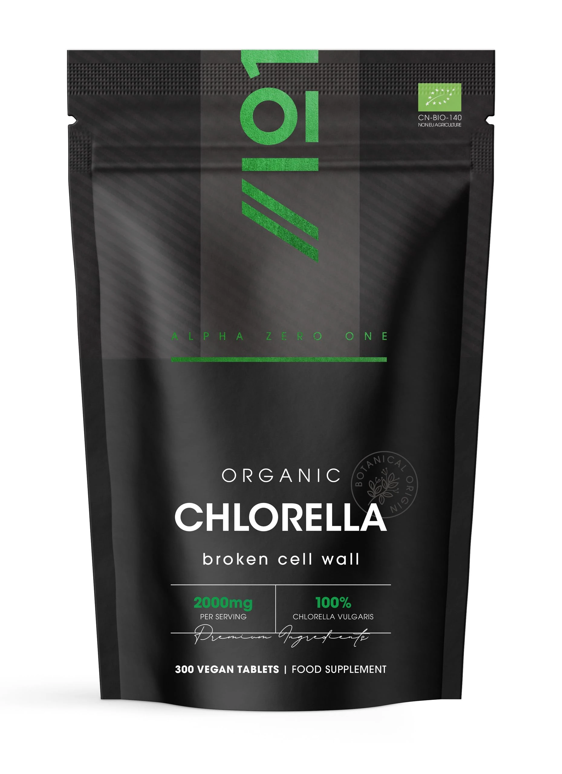 Organic Chlorella 2000mg – 300 Vegan Tablets – Broken Cell Wall – Pure Formula Supplement with no Additives – Resealable and Recyclable Pouch – by Alpha01