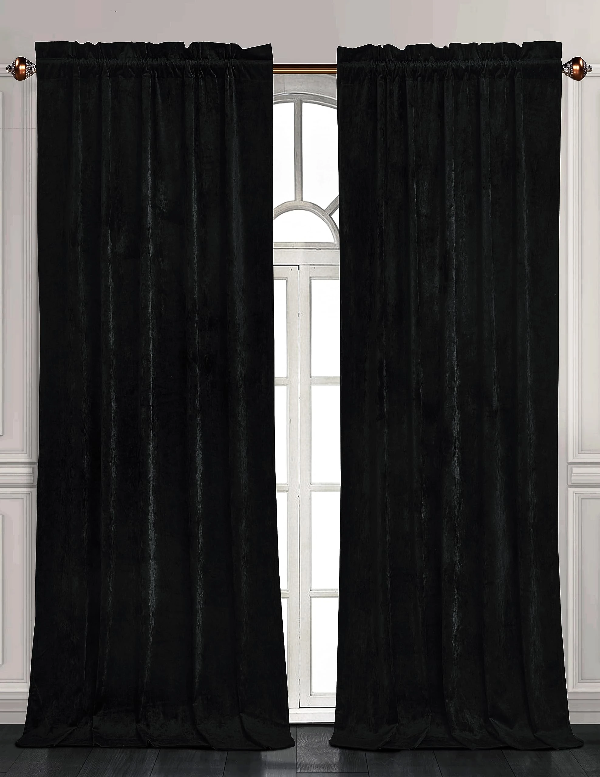 Chezmoi Collection Lux Black Crushed Velvet Curtains 2 Panel Set - 96 inches Long Room Darkening Luxury Distressed Velvet Rod Pocket Window Drapes for Living Room Bedroom 50" W x 96" L