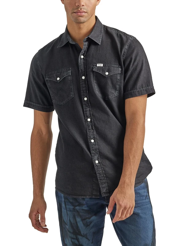 Wrangler Men's Short Sleeve Western Denim Shirt, Off Black, Large