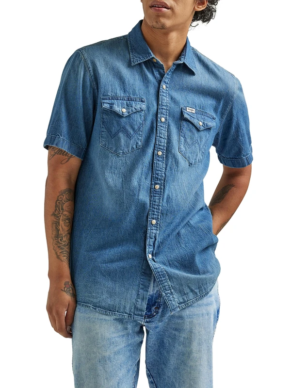 Wrangler Men's Short Sleeve Western Denim Shirt, Medium Wash, Medium