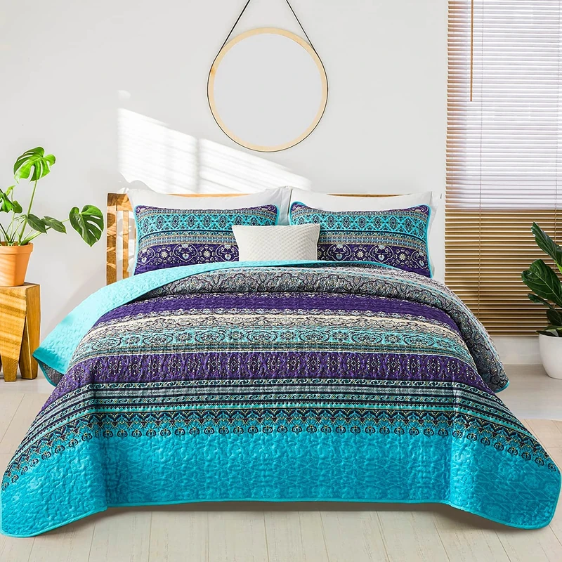 WONGS BEDDING Boho Quilt Set,Blue Purple Bohemian Striped Pattern Printed Quilt Coverlet, Lightweight Microfiber Bed Decor Bedspread for All Season 114"x102"(3 Pieces, Super King)