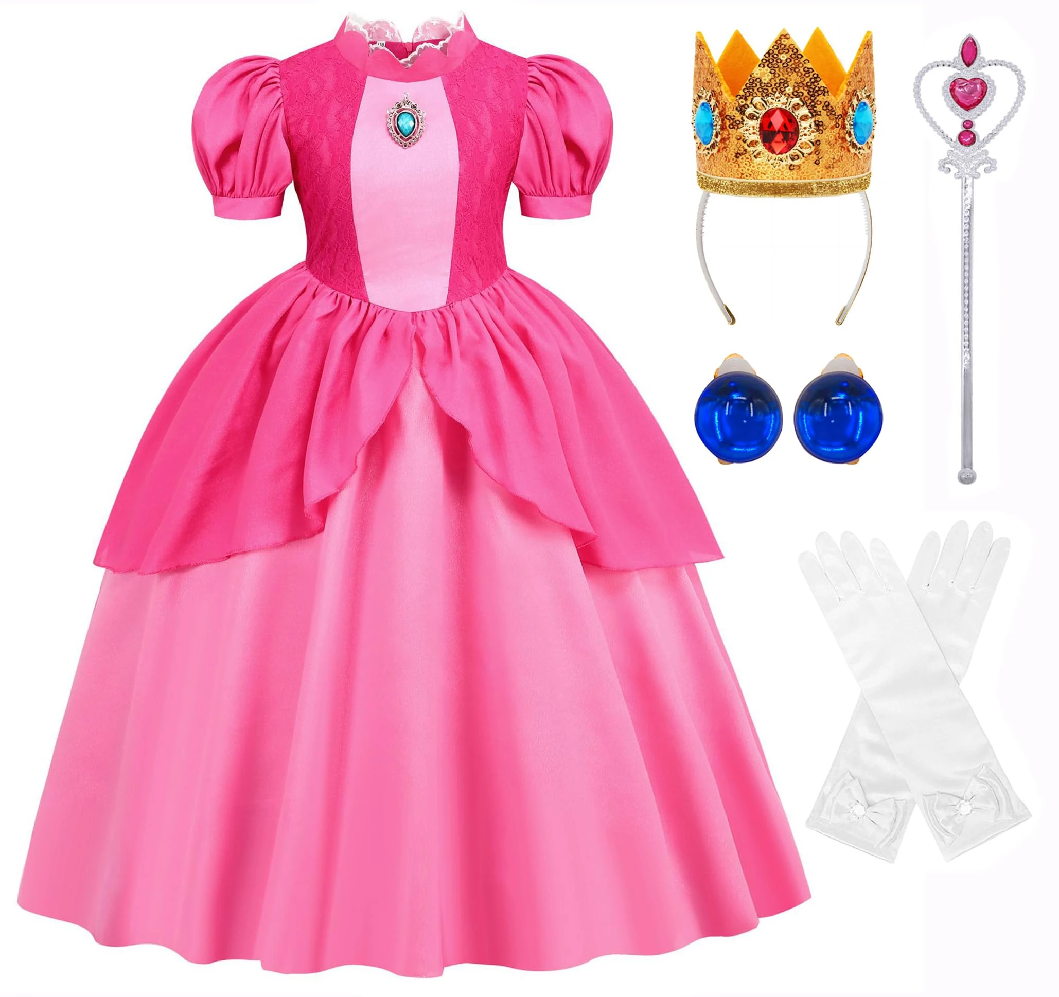 Amtum Girls Princess Peach Costume Kids Peach Dress with Accessories Crown Deluxe Girls Princess Peach Fancy Dress for Party Cosplay Birthday Party Halloween Christmas 6-7 Years Rose/130