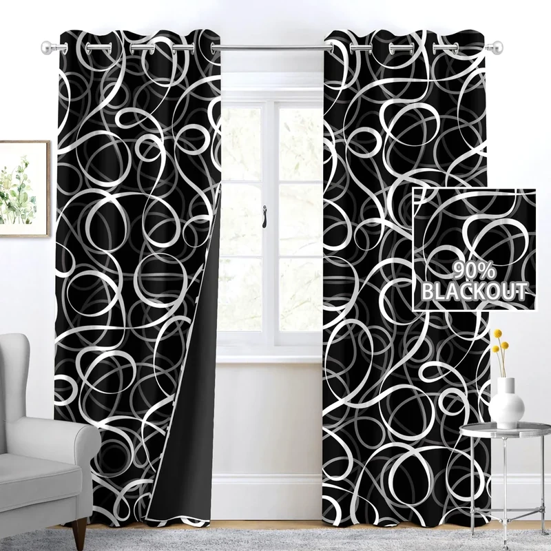 tubeamin Black White Geometric Curtains 2 Panels Blackout Curtain Grey Abstract Line Black Out Modern Pattern Window Treatments Heat Blocking Room Darkening Decor for Living Room Bedroom 52x84 Inch