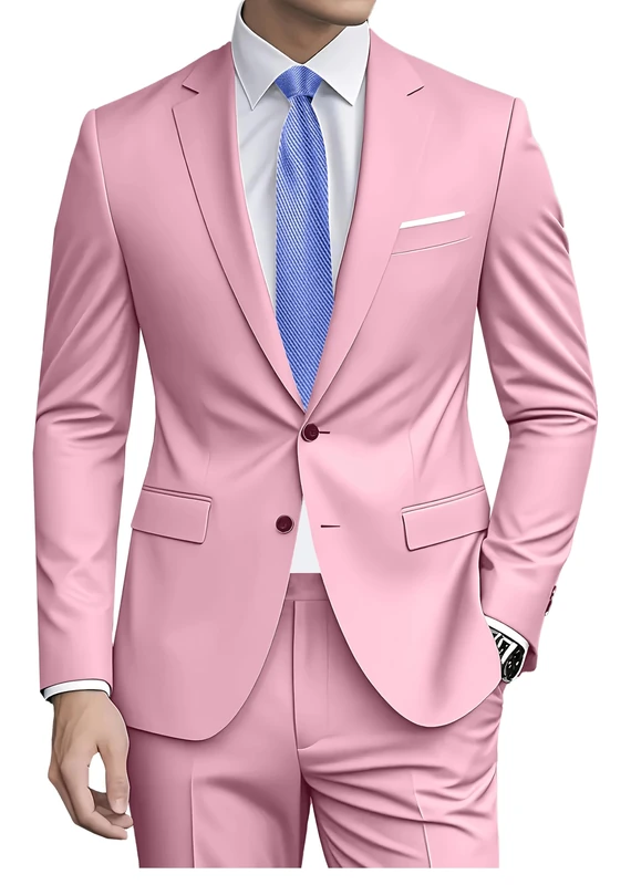 Datysum Men Suit 2 Piece Groomsmen Tuxedo Prom Blazer Slim Fit Suits Two Button Wedding Dress Jacket Pants Set with Tie, Pink, M