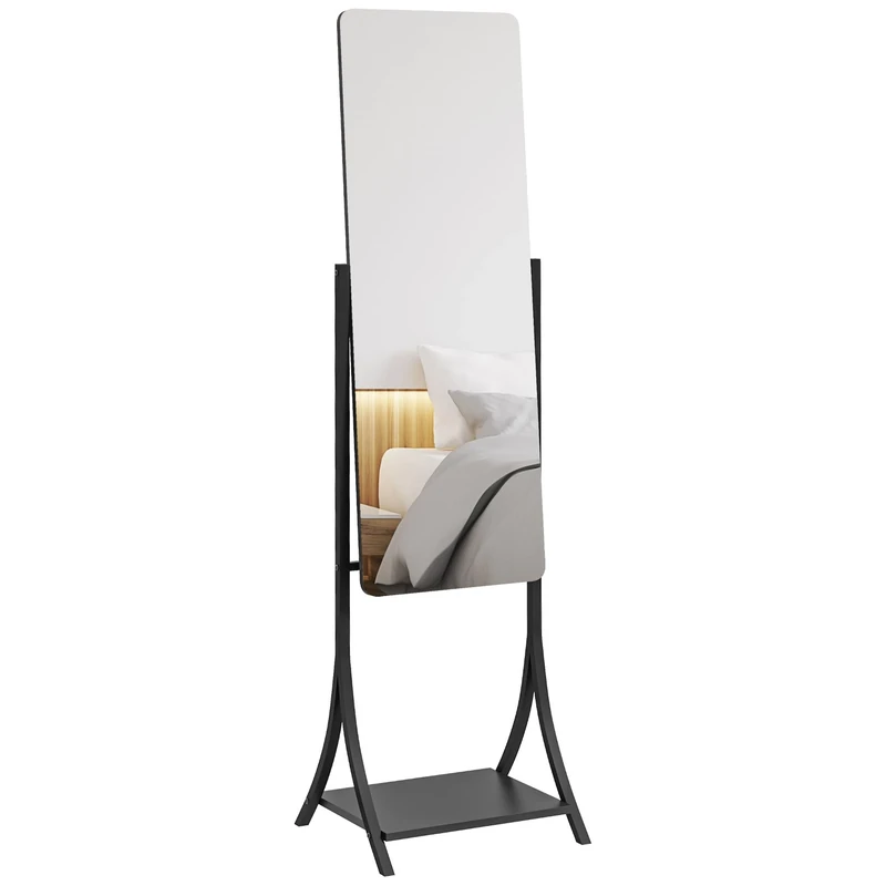 HOMCOM Full Length Mirror, Free Standing Floor Mirror, Full Body Mirror with Adjustable Angle and Storage Shelf for Living Room, Bedroom, Hallway, 108 x 37cm, Black
