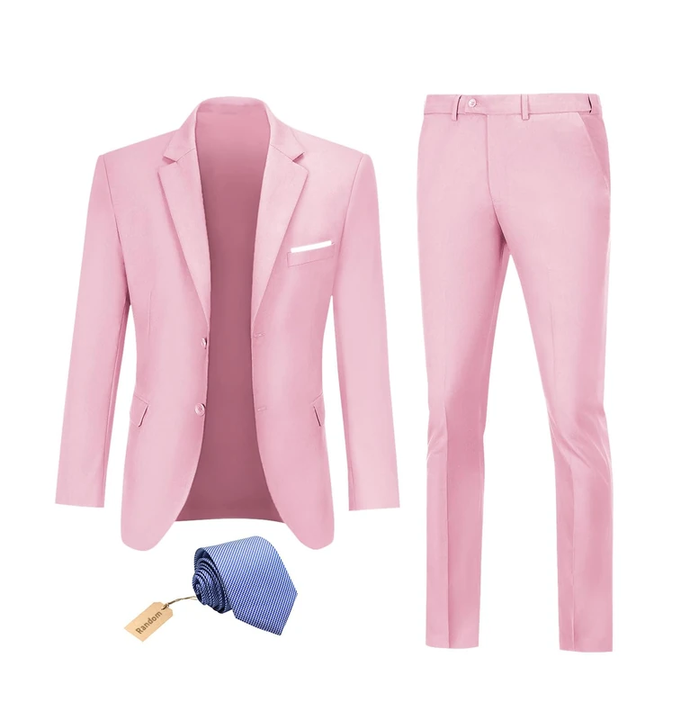 Datysum Men Suit 2 Piece Groomsmen Tuxedo Prom Blazer Slim Fit Suits Two Button Wedding Dress Jacket Pants Set with Tie, Pink, L