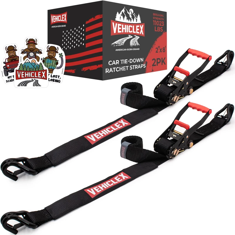Car Tie Downs with Double J-Hooks - Vehiclex Heavy Duty 2PK, 2" x 8ft Car Hauling Straps for Trailers, 11,000 lb Breaking Strength