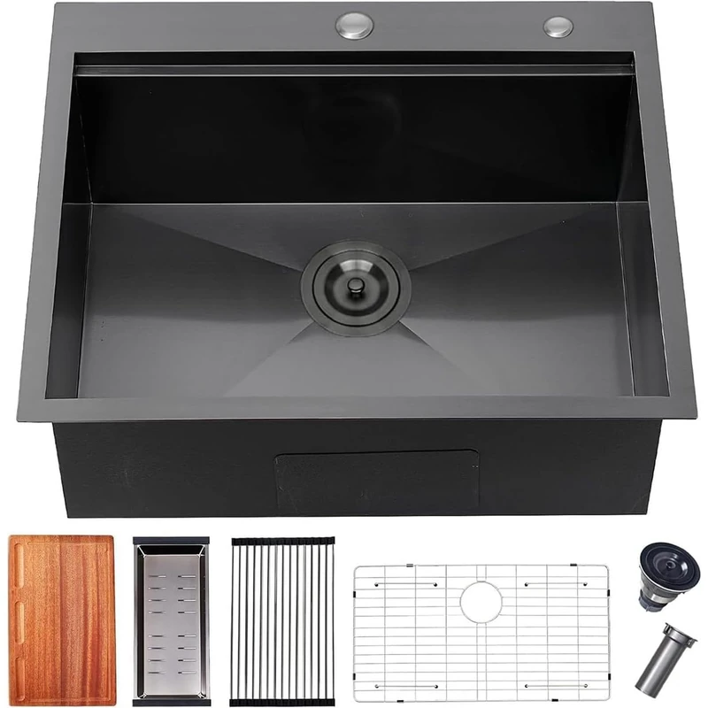 25 Inch Black Kitchen Sink Drop in - 25"x22" Topmount Ledge Workstation Kitchen Sink 16 Gauge Handmade Stainless Steel Single Bowl Kitchen Sink with All Accessories for Kitchen Laundry Utility