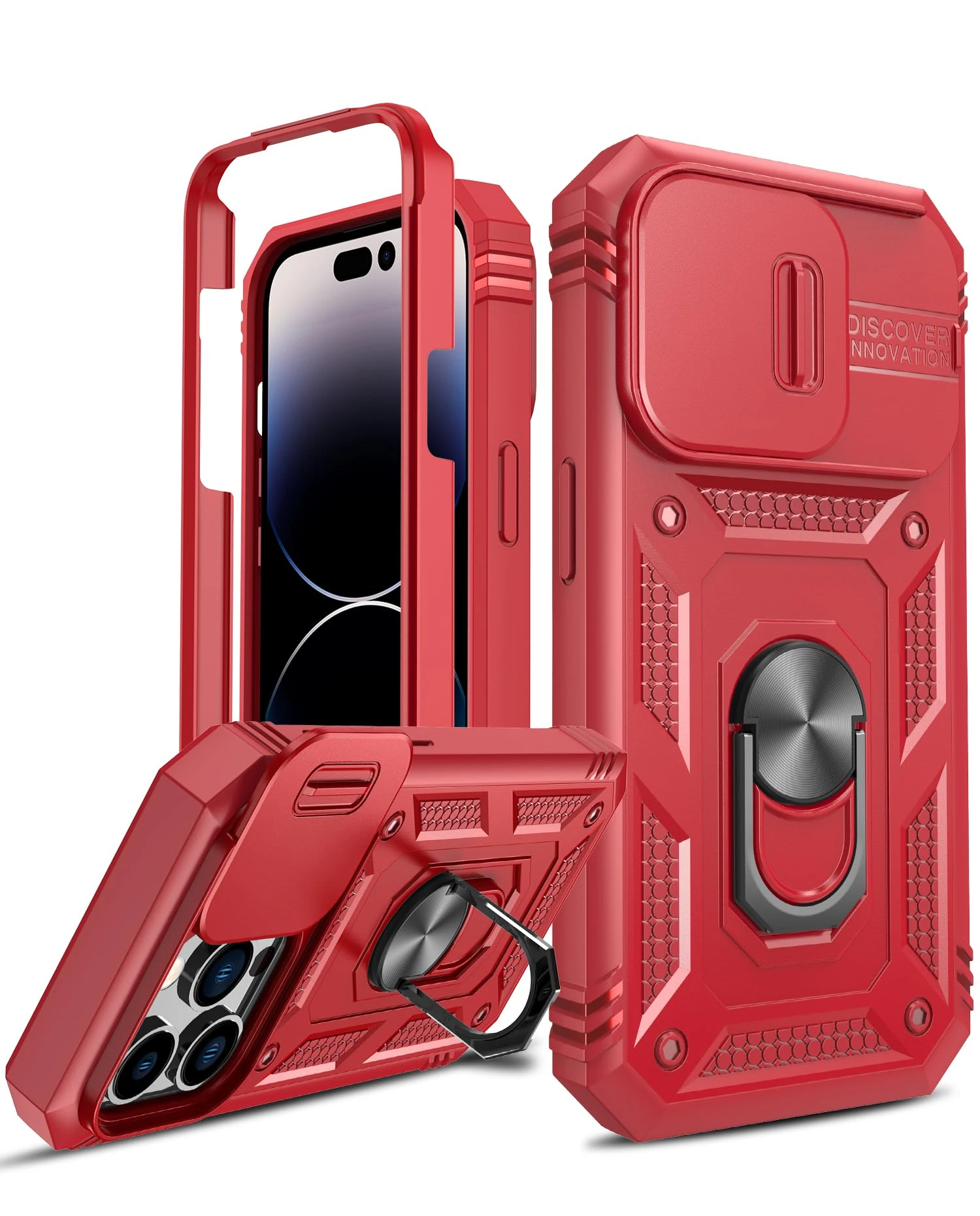 LeYi for iPhone 15 Pro Max Case with Camera Cover Slider(Not include Screen Protector), Front Frame+Back Case, Full Body Armour Military Grade Shockproof Phone Cover | Ring Stand Holder Red