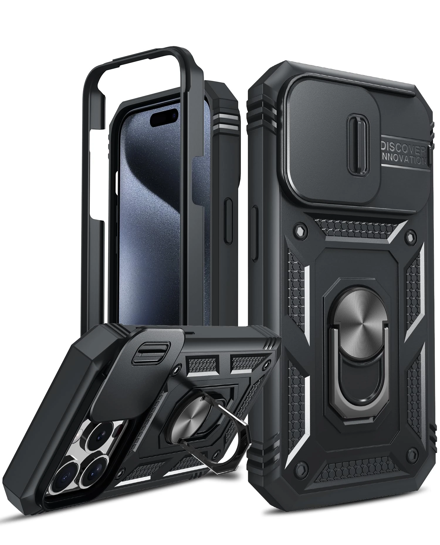 LeYi for iPhone 15 Pro Max Case with Camera Cover Slider(Not include Screen Protector), Front Frame+Back Case, Full Body Armour Military Grade Shockproof Phone Cover | Ring Stand Holder Black