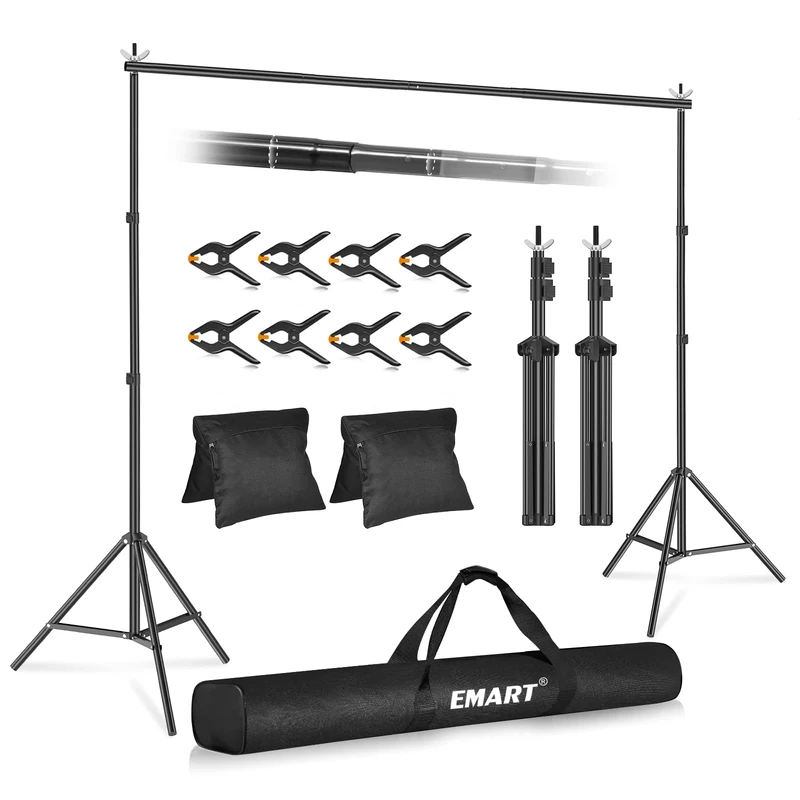EMART Backdrop Stand 3x2.4m(WxH) Photo Studio Adjustable Background Support Kit with 2 Crossbars, 8 Spring Clamps,2 Sandbags and Carrying Bag for Parties Events Decoration - Black
