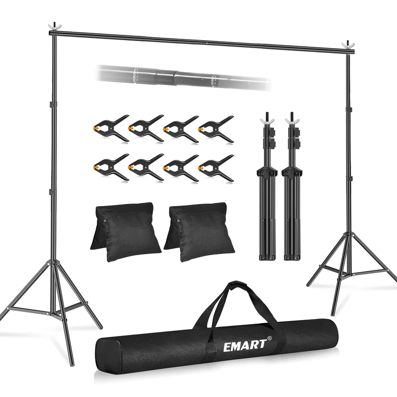 EMART Backdrop Stand 3x2.6m(WxH) Photo Studio Adjustable Background Support Kit with 2 Crossbars, 8 Spring Clamps, 2 Sandbags and Carrying Bag for Parties Events Decoration - Black
