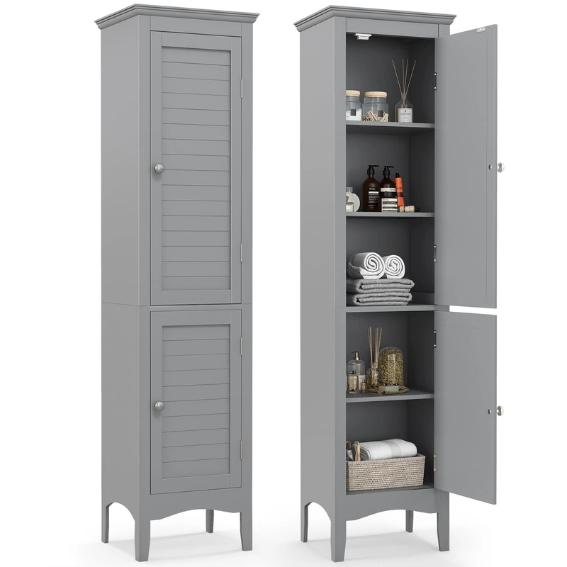 RELAX4LIFE Bathroom Tall Cabinet, Double-Door Slim Storage Cupboard with 5-Tier Shelf, Floor-Standing Tallboy Unit Cabinet for Bathroom Living Room (3-Level Adjustable Shelf, 38x33x160cm, Grey)