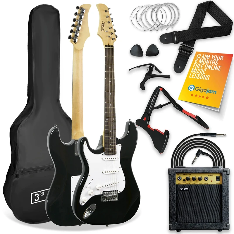3rd Avenue Full Size 4/4 Left Handed Electric Guitar Kit in Black + 1 Month Free Ultimate Guitar Pro and Courses - 10W Amp, Cable, Stand, Gig Bag, Strap, Strings, Picks, Capo