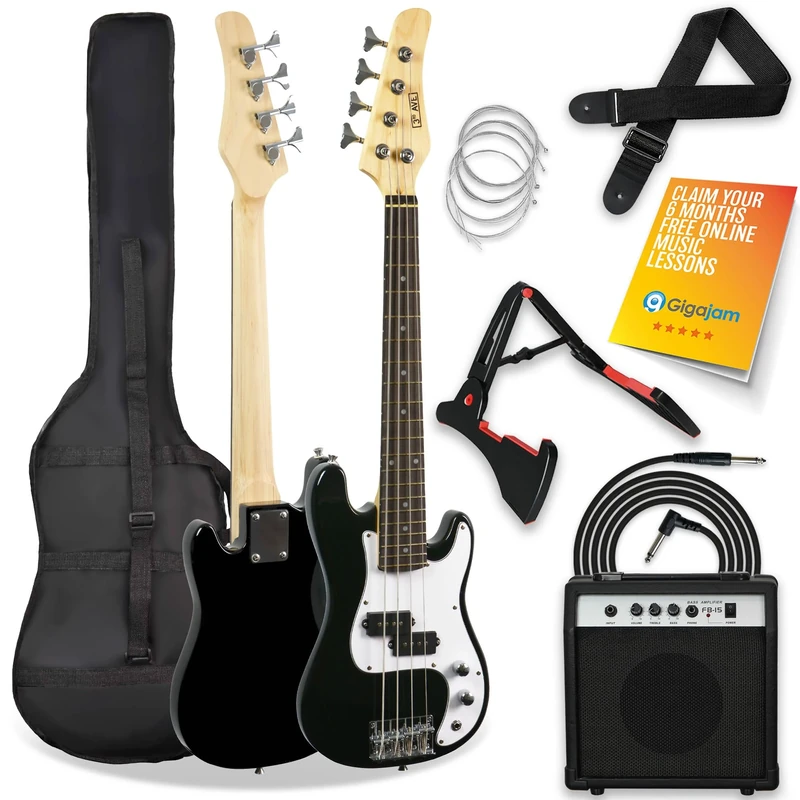 3rd Avenue 3/4 Size Mini Electric Bass Guitar Beginner Pack Kit with 15W Amplifier, Bag, Cable, Strap, Stand and Spare Strings – Black