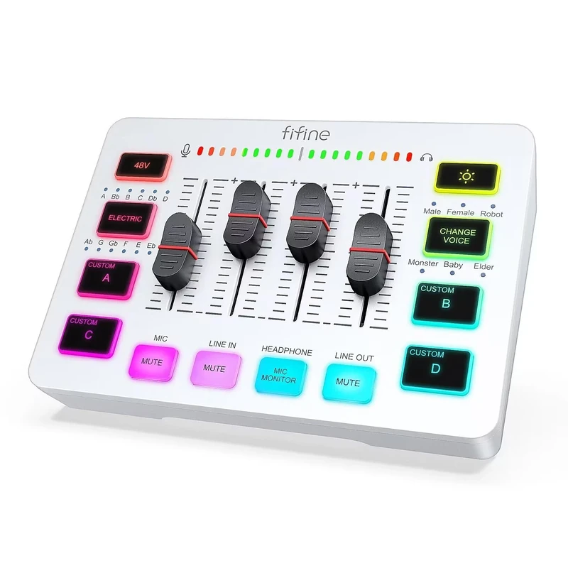 FIFINE Audio Interface with RGB Lights,Slider Fader for Podcast Streaming Gaming,PC Audio Mixer,Stream Deck with XLR Microphone Input,Voice Effects for Music Recording,Video Creating-SC3 White