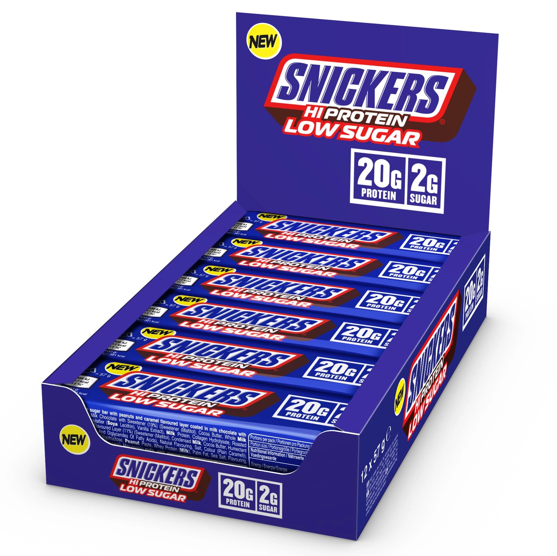 Snickers - Milk Chocolate Low Sugar Protein Bars | 12 x 57g Pack, Only 2g of Sugar per bar, Hi Protein Energy Snack, 20g Protein