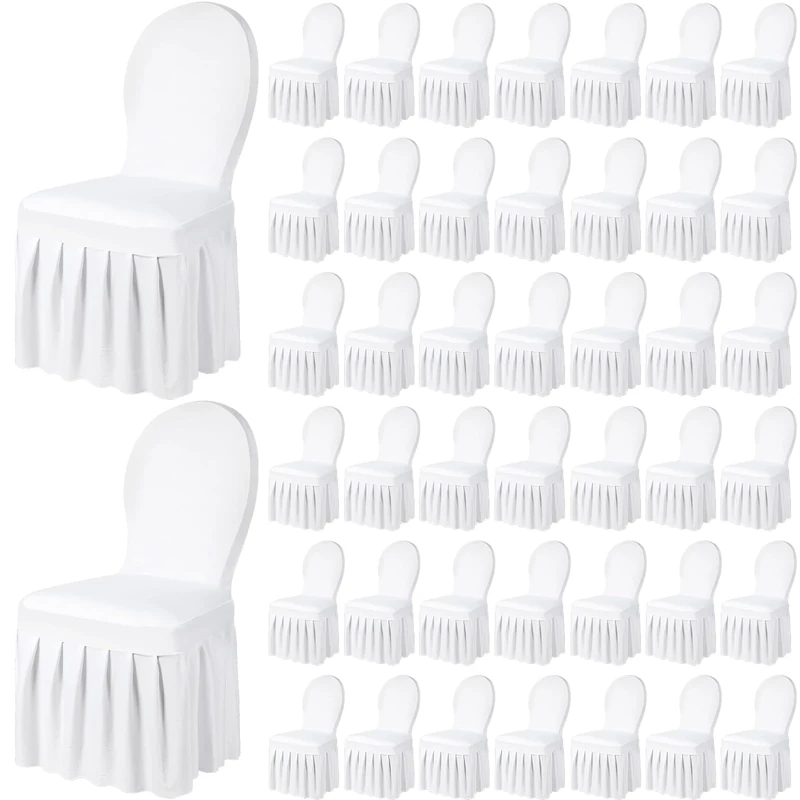 Oudain 50 Pieces Chair Slipcovers with Skirt Long Stretch Spandex Dining Chair Cover Protectors Wedding Stretch Chair Cover Protector Removable and Washable for Hotel and Wedding Ceremony (White)