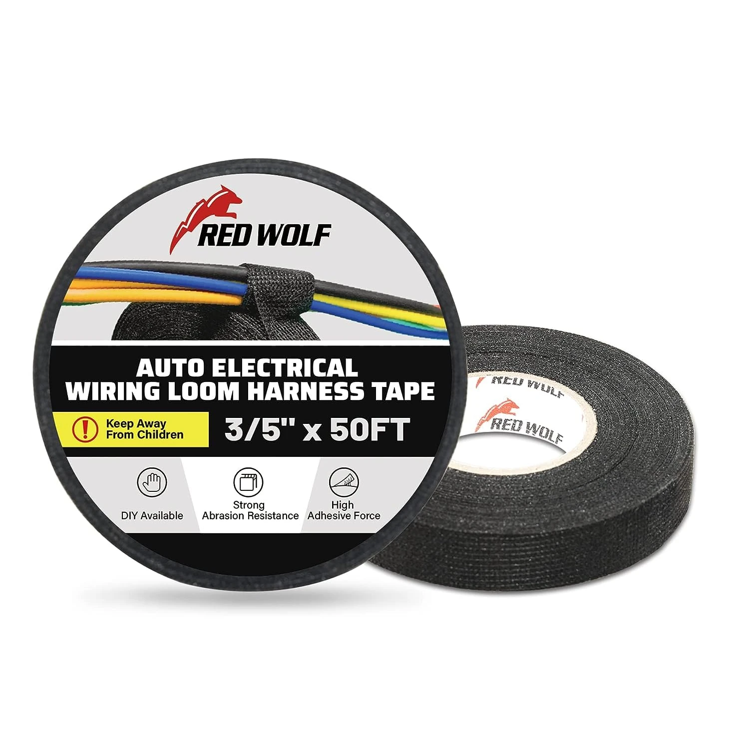 RED WOLF 15mm x 15m Wire Loom Harness Cloth Tape Electric Self-Adhesive Fabric Tape High Temp for Automobile Electrical Harness Wrap Noise Damping Protection Insulation Cable Fixed 2 Rolls Black