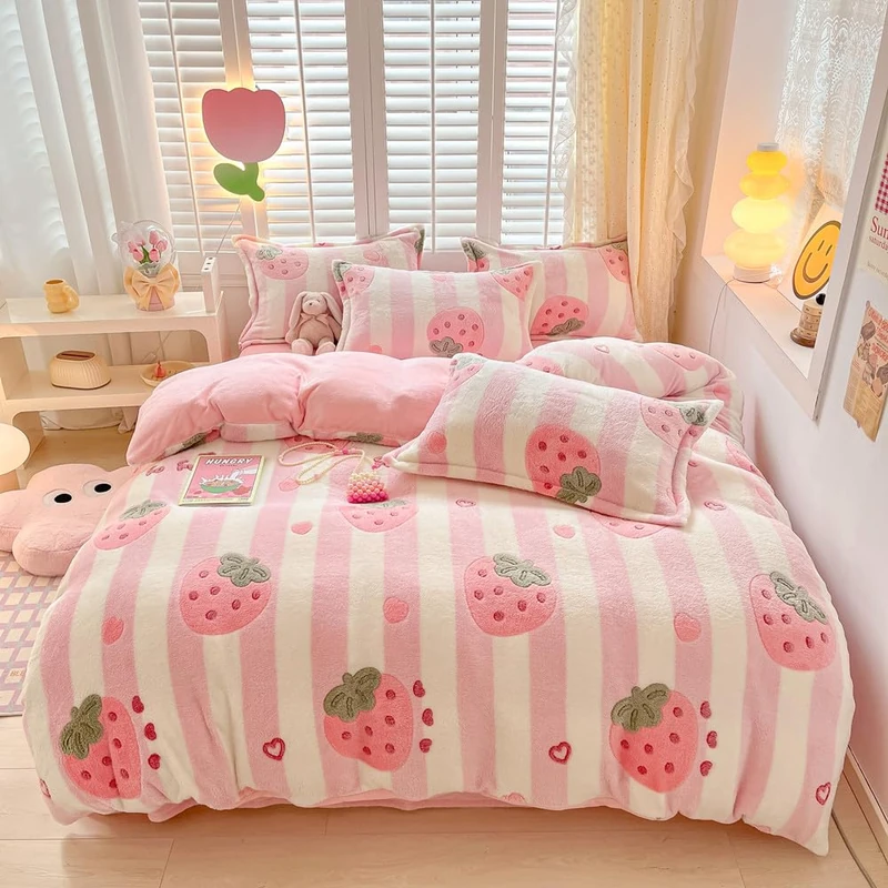 OranFran Pink Strawberry Kids Duvet Cover Set Cute Kawaii Bedding Set Twin Size Snowflake Fluffy Comforter Cover Blanket Soft Reversible Duvet Cover Room Decor (Strawberry,Twin)